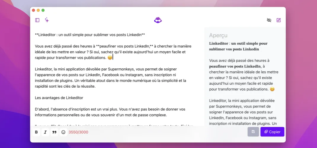 Vous avez déjà passé des heures à peaufiner vos posts LinkedIn, à chercher la manière idéale de les mettre en valeur ? Si oui, sachez qu'il existe aujourd'hui un moyen facile et rapide pour transformer vos publications.